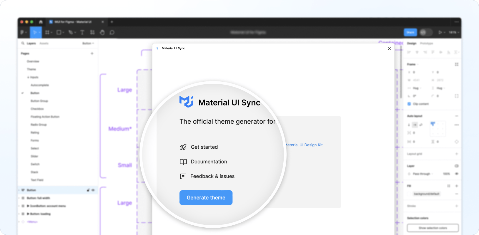 The Generate theme button in the MaterialĀ UI Sync plugin UI.